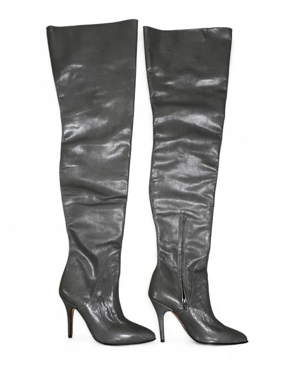Jean Gaborit Paris Gray Embossed Leather Over the Knee Boots EU 39